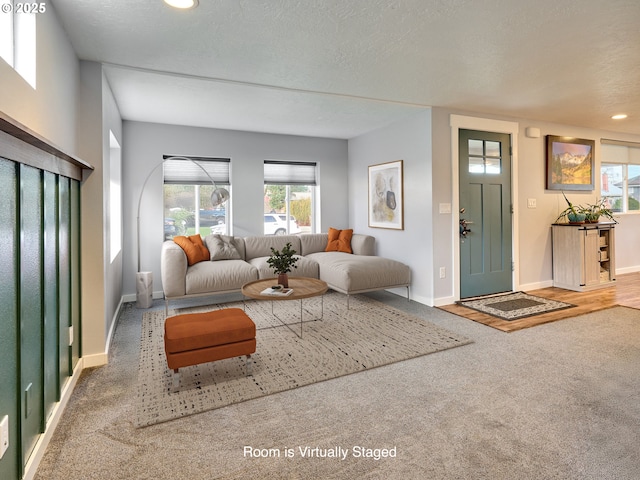 living room featuring carpet floors and a textured ceiling