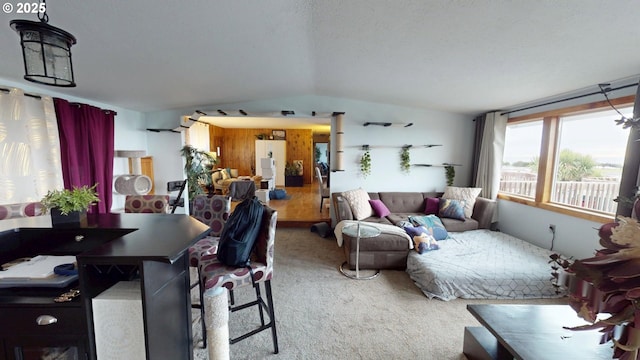 carpeted living room featuring lofted ceiling