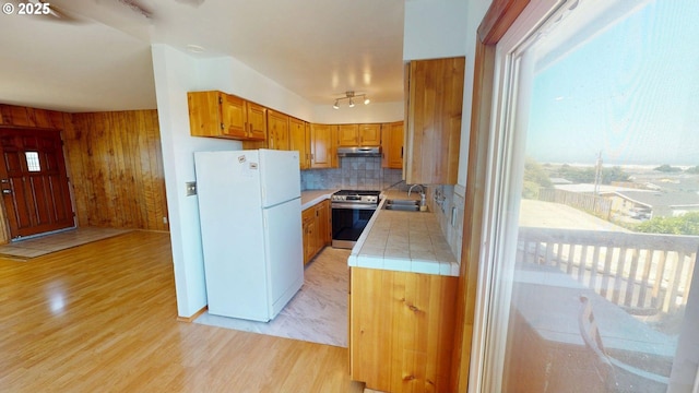 29730 Hillcrest St, Gold Beach, OR 97444 - kitchen featuring freestanding refrigerator, stainless steel stove, under cabinet range hood, wood walls, and light wood-style floors