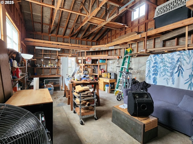 basement with a healthy amount of sunlight and a workshop area