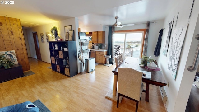 dining room with light hardwood / wood-style floors and ceiling fan