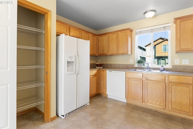 kitchen with a sink, white appliances, and light countertops