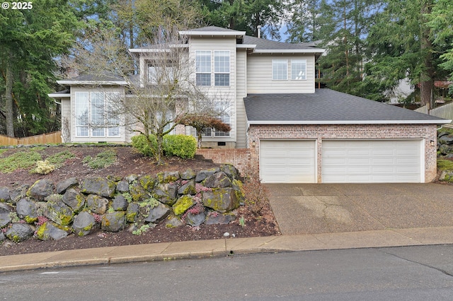 view of front of property featuring brick siding, concrete driveway, and a shingled roof