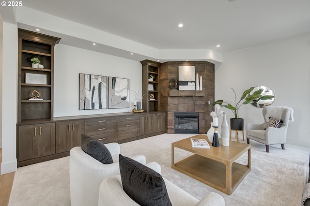 2258 Satter St, West Linn, OR 97068 - living room featuring recessed lighting, a large fireplace, built in features, and baseboards
