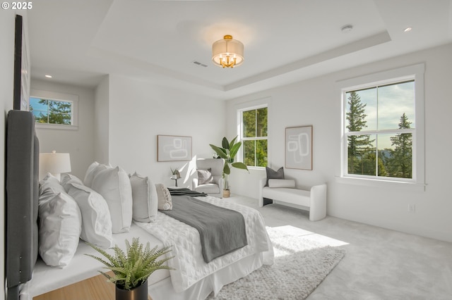 2258 Satter St, West Linn, OR 97068 - bedroom with a tray ceiling, multiple windows, carpet floors, and recessed lighting