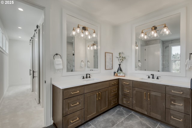 2258 Satter St, West Linn, OR 97068 - bathroom with double vanity, marble finish flooring, and recessed lighting