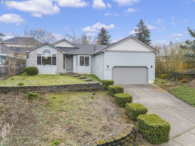 ranch-style home with a front lawn, driveway, fence, a shingled roof, and a garage