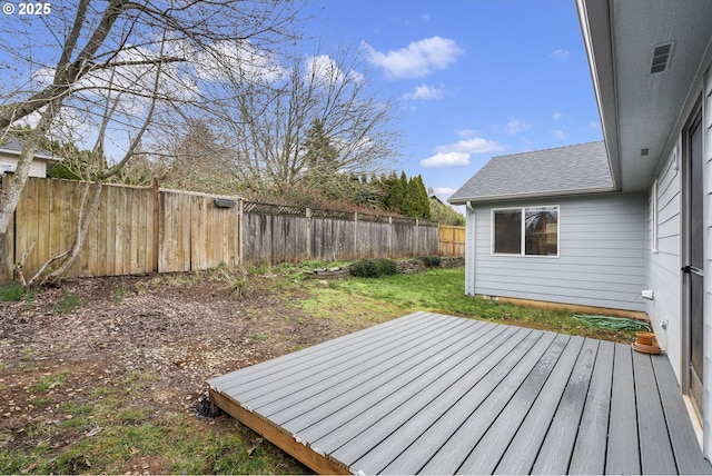 deck featuring visible vents and a fenced backyard