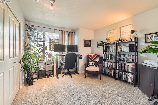 carpeted home office with a textured ceiling