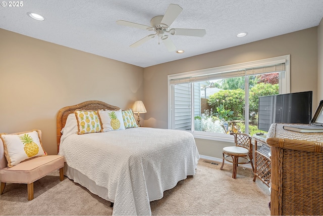 7250 SW Arbor Lake Dr, Wilsonville, OR 97070 - bedroom featuring light carpet, recessed lighting, a textured ceiling, ceiling fan, and baseboards