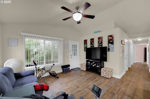 25246 Corky Ln, Veneta, OR 97487 - living area with light wood-style flooring, ceiling fan, and vaulted ceiling