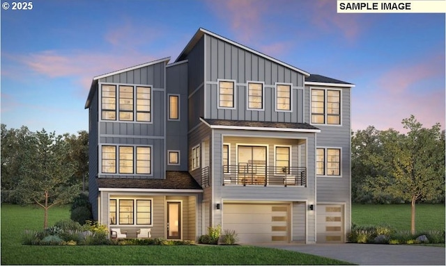 view of front of home featuring a yard, board and batten siding, an attached garage, a shingled roof, and a balcony