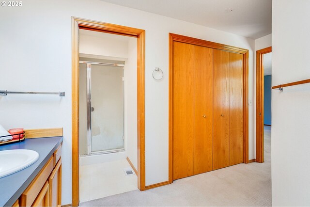7236 Woodcrest Ct, Keizer, OR 97303 - full bath featuring a shower stall, vanity, and baseboards