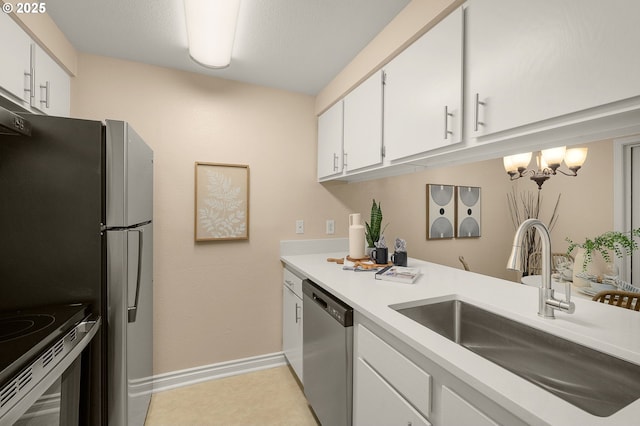 kitchen featuring sink, white cabinetry, an inviting chandelier, electric range, and stainless steel dishwasher