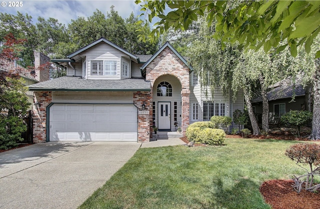 10535 SW 135th Ave, Beaverton, OR 97008 - view of front of house with brick siding, an attached garage, driveway, and a front lawn