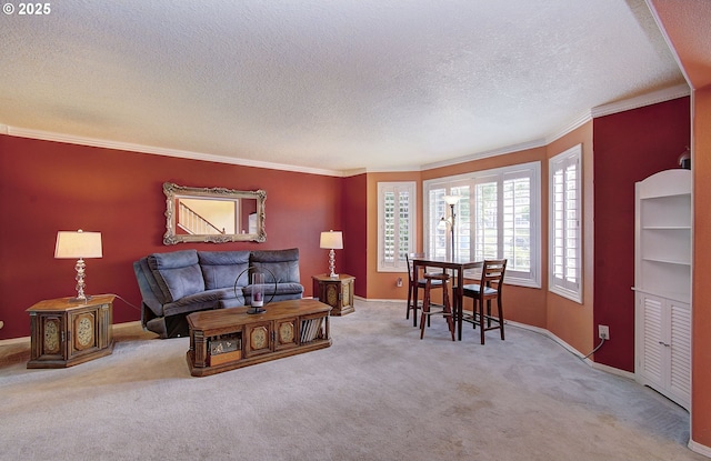 10535 SW 135th Ave, Beaverton, OR 97008 - carpeted living area with a textured ceiling and ornamental molding