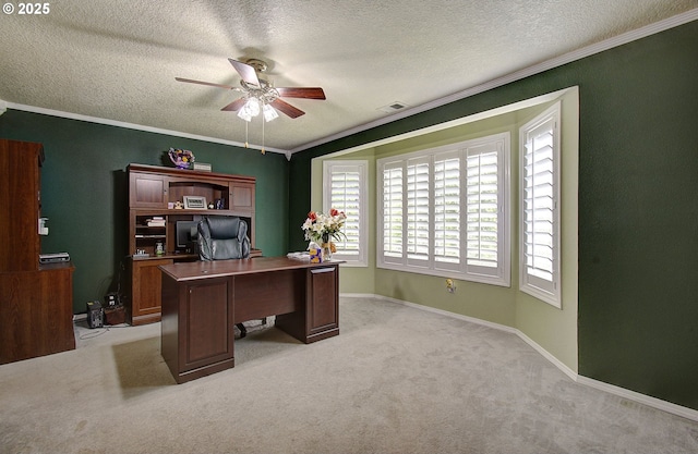 10535 SW 135th Ave, Beaverton, OR 97008 - office area with a ceiling fan, crown molding, a textured ceiling, and light colored carpet