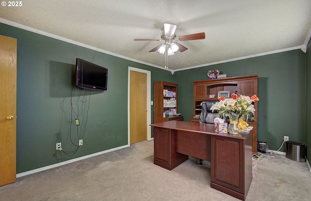 10535 SW 135th Ave, Beaverton, OR 97008 - home office with light colored carpet, a ceiling fan, ornamental molding, and a textured ceiling