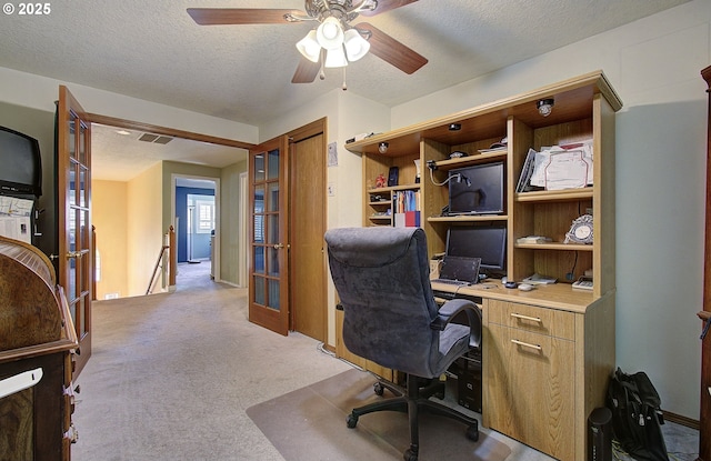 10535 SW 135th Ave, Beaverton, OR 97008 - home office featuring light carpet, a textured ceiling, french doors, and ceiling fan