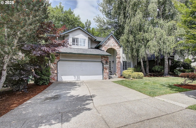 10535 SW 135th Ave, Beaverton, OR 97008 - traditional-style house with concrete driveway, an attached garage, a front yard, brick siding, and roof with shingles