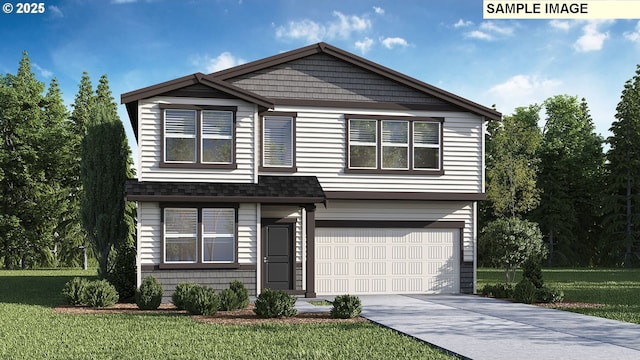 view of front of property with a garage, driveway, a front lawn, and a shingled roof