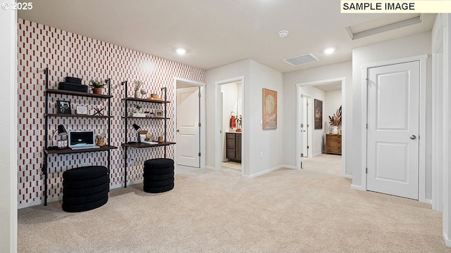 interior space featuring recessed lighting, carpet floors, wallpapered walls, baseboards, and attic access