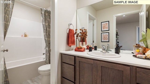 full bathroom featuring vanity, toilet, and shower / bathtub combination with curtain