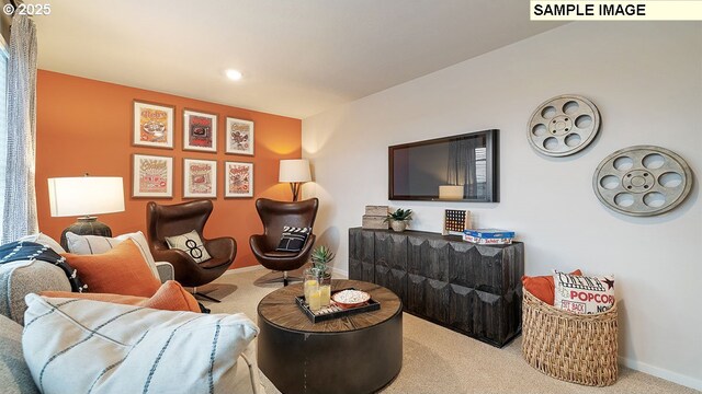 living room with light colored carpet