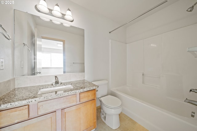 full bathroom with shower / bathtub combination, vanity, toilet, and tile patterned flooring