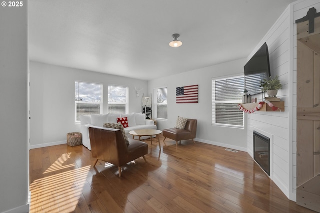 living room with a fireplace and hardwood / wood-style floors