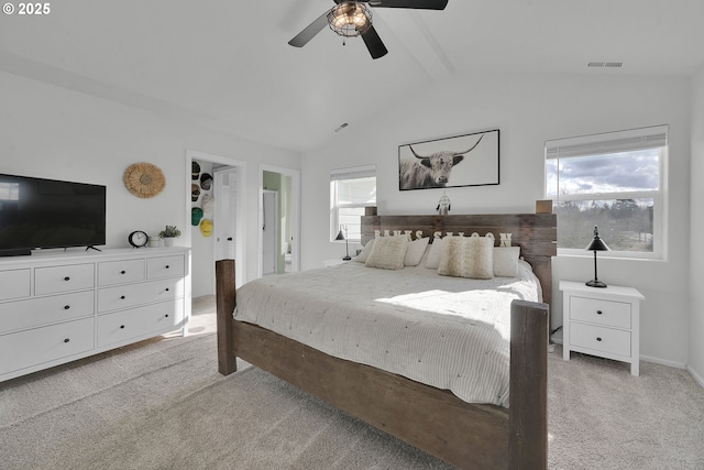 bedroom featuring ceiling fan, lofted ceiling with beams, and light carpet