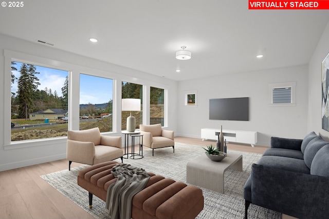 living room with light hardwood / wood-style flooring