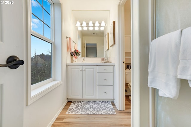 bathroom featuring hardwood / wood-style flooring, vanity, and toilet