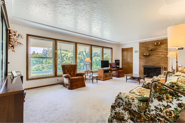 14385 SW Hargis Rd, Beaverton, OR 97008 - carpeted living area featuring a fireplace and a textured ceiling