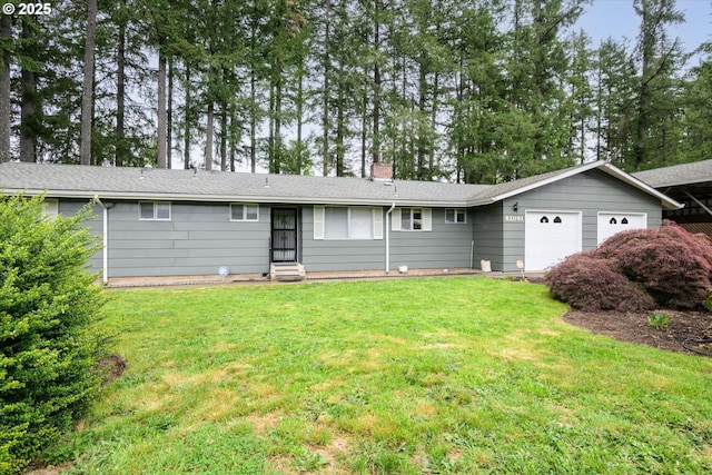 82091 Lost Valley Ln, Dexter, OR 97431 - view of front of property featuring an attached garage, a chimney, a front yard, and entry steps