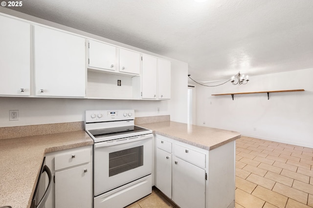 kitchen with white range with electric stovetop, a peninsula, light countertops, white cabinetry, and open shelves