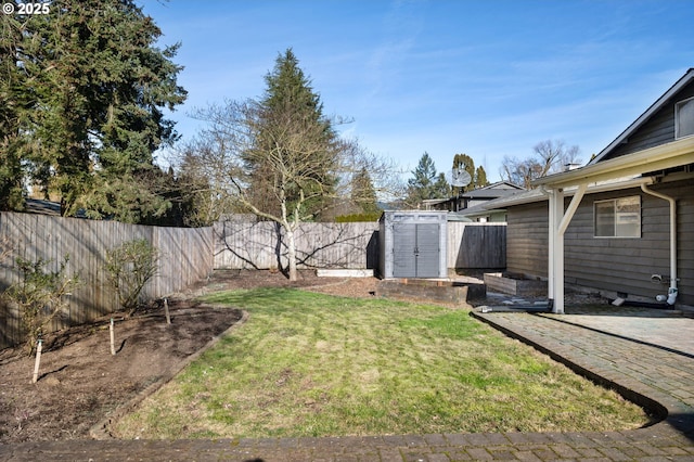 view of yard with a patio area, a storage unit, an outdoor structure, and a fenced backyard