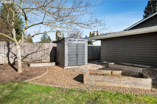 view of yard featuring a storage shed, an outbuilding, a fenced backyard, and a garden