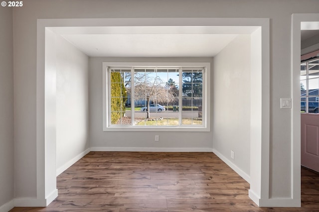 unfurnished dining area with baseboards and wood finished floors