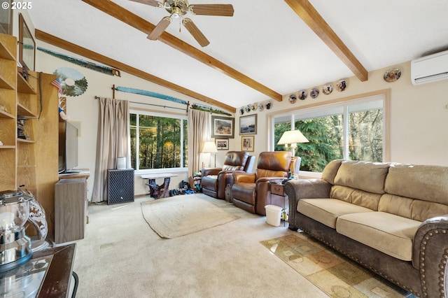 carpeted living room with lofted ceiling with beams, a ceiling fan, and an AC wall unit