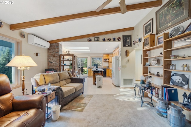 living room with beamed ceiling, a wall mounted AC, light carpet, and visible vents