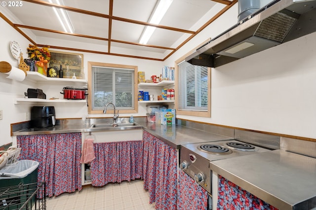 kitchen with a sink, open shelves, stainless steel countertops, and under cabinet range hood