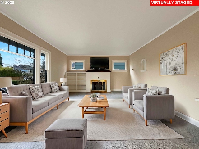 living room with ornamental molding