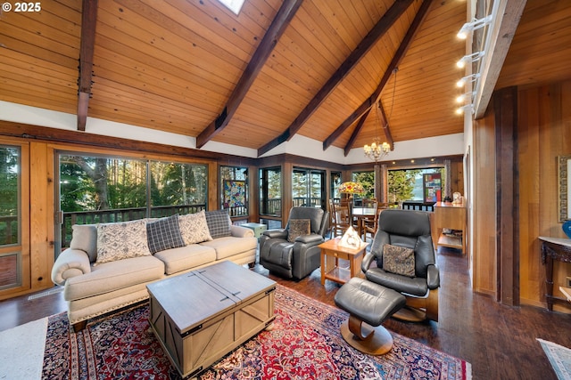 living room with high vaulted ceiling, dark hardwood / wood-style floors, wooden ceiling, beamed ceiling, and wood walls