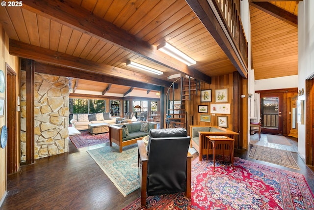 living room with dark wood-type flooring, wooden ceiling, wooden walls, and beamed ceiling