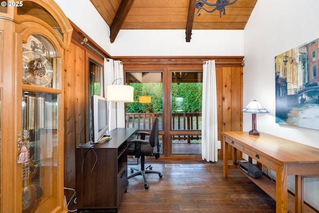 home office with wood ceiling, dark hardwood / wood-style flooring, and vaulted ceiling with beams