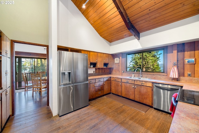 kitchen with sink, beam ceiling, stainless steel appliances, high vaulted ceiling, and wooden ceiling