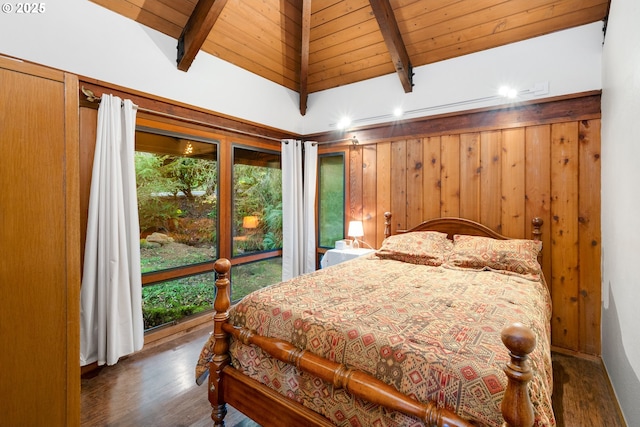 bedroom featuring beamed ceiling, dark wood-type flooring, wooden ceiling, and high vaulted ceiling