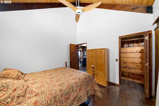 bedroom with high vaulted ceiling, beam ceiling, dark wood-type flooring, and wooden ceiling