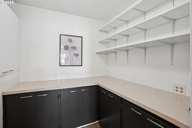 5585 E Evergreen Blvd, Vancouver, WA 98661 - kitchen featuring open shelves, dark cabinets, light countertops, and a textured ceiling